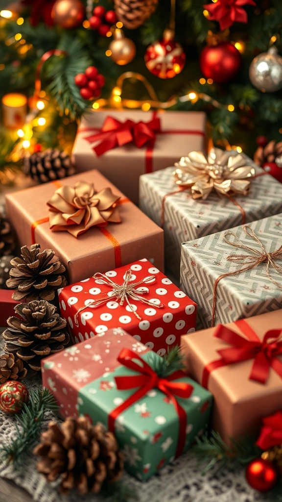 A collection of beautifully wrapped Christmas gifts with festive decorations.